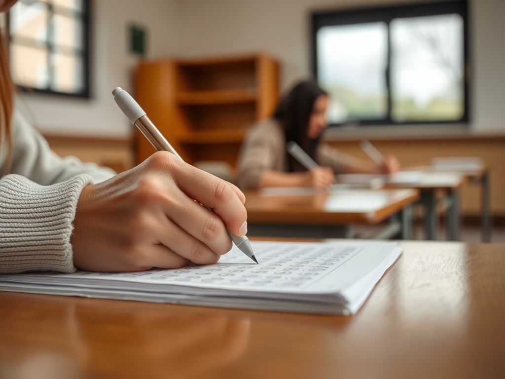 Рука пишет ответы на листке бумаги на фоне одноклассниц в классе. Учебный процесс.