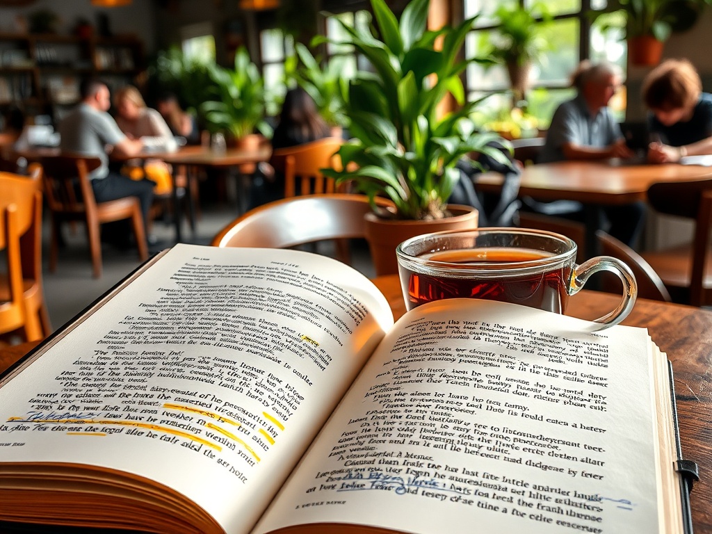 Открытая книга с пометками и чашка чая на столе в уютном кафе с зелеными растениями.