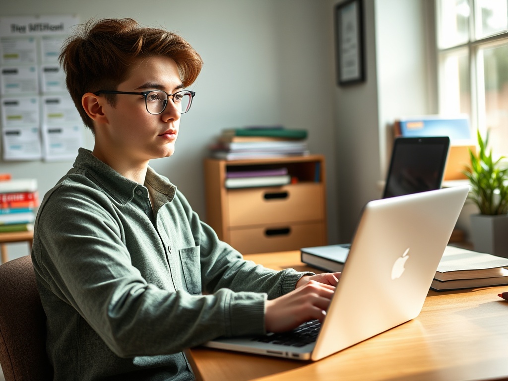 Молодой человек за компьютером в уютном офисе, сосредоточенно работает с документами и заметками.