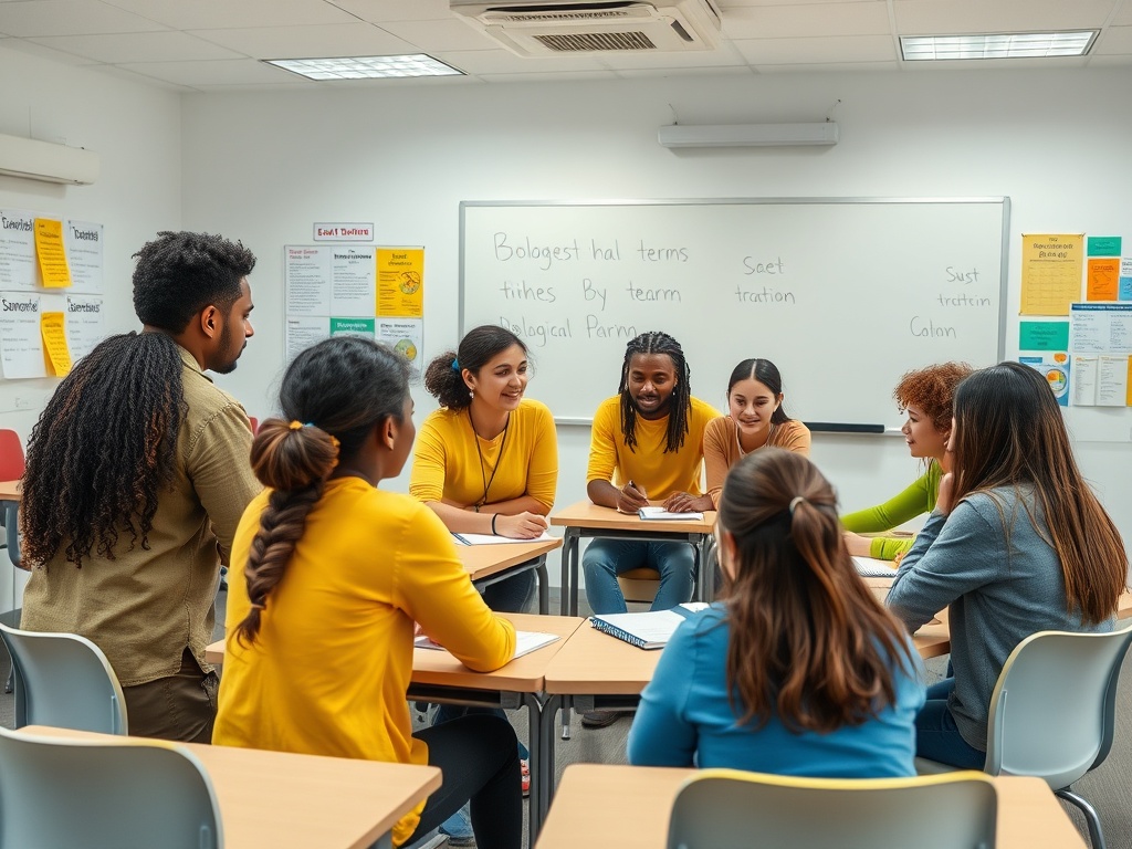 Группа студентов обсуждает темы, сидя за столом в классе с учебными материалами на стене.