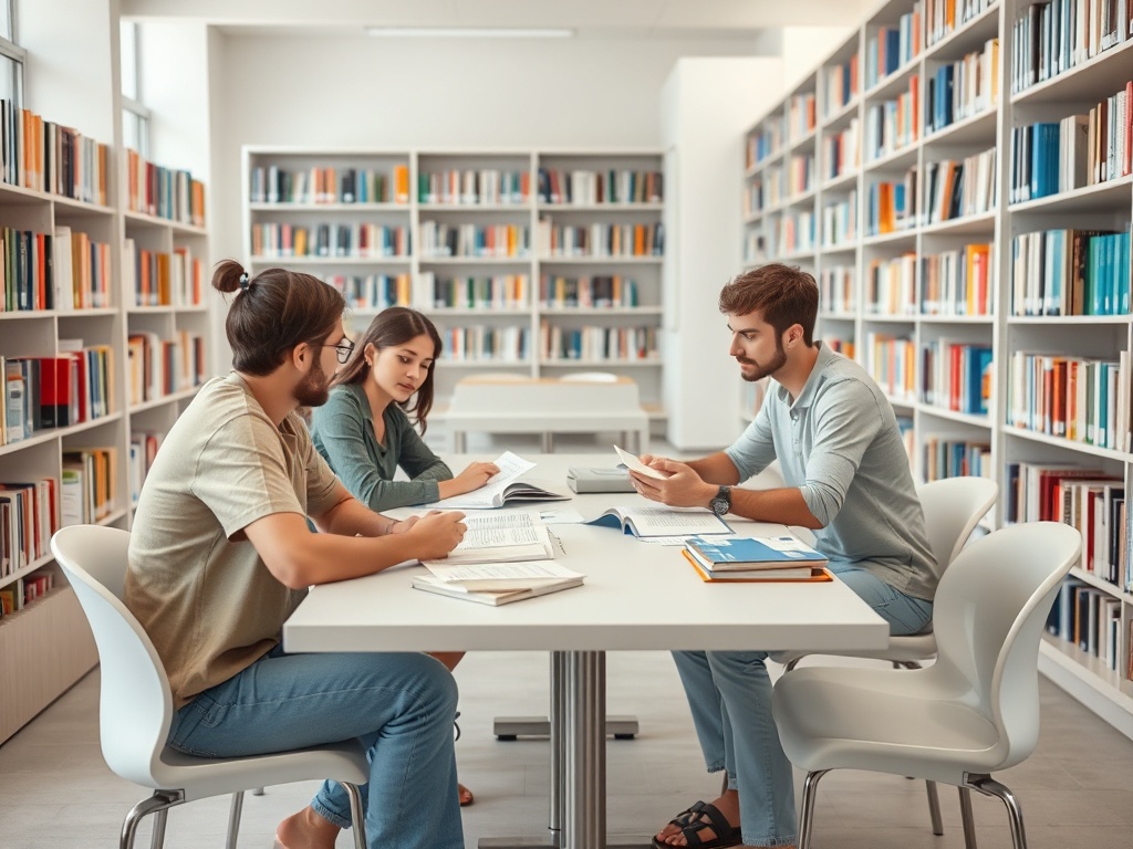 В библиотеке группа студентов учится вместе, обсуждая материалы за общим столом. Книги окружают их.