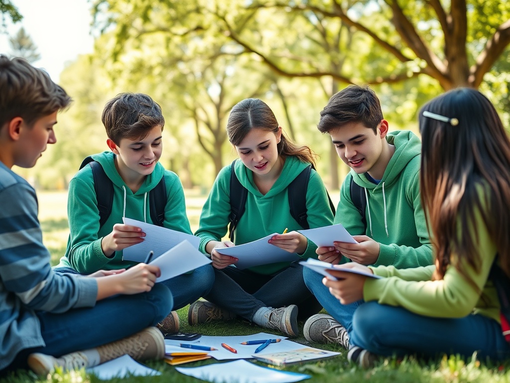 Группа подростков в зеленых толстовках сидит на траве и обсуждает материалы, улыбаются и пишут.