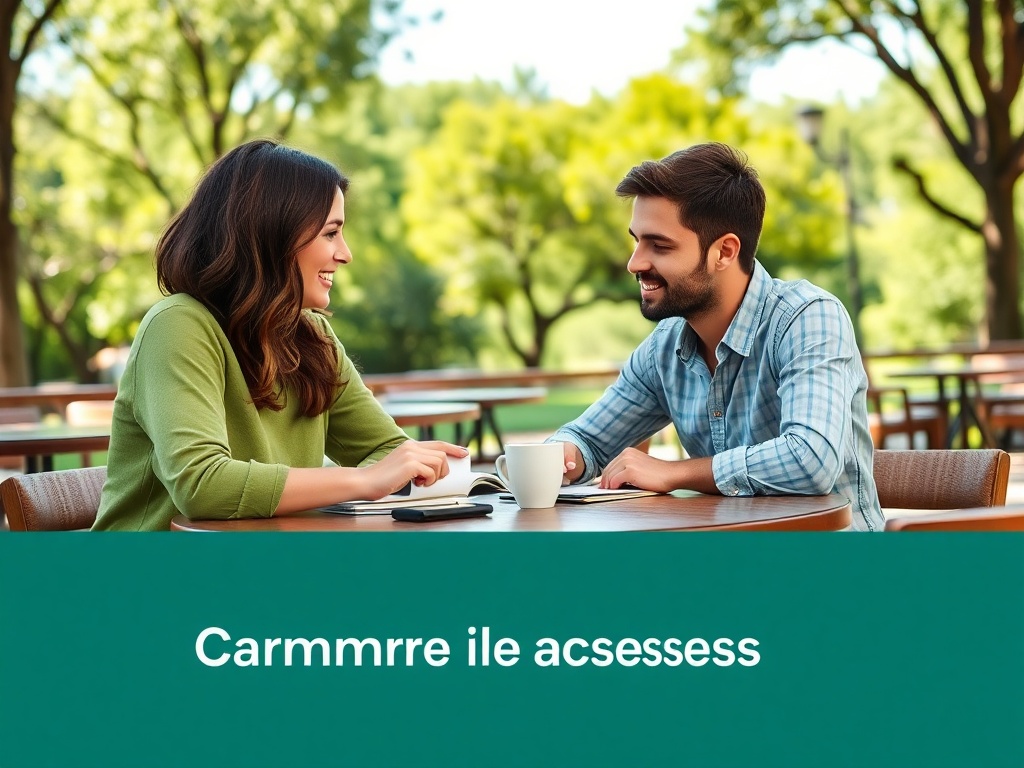 Два человека сидят за столом в парке, разговаривая и смеясь, на фоне зелёных деревьев.