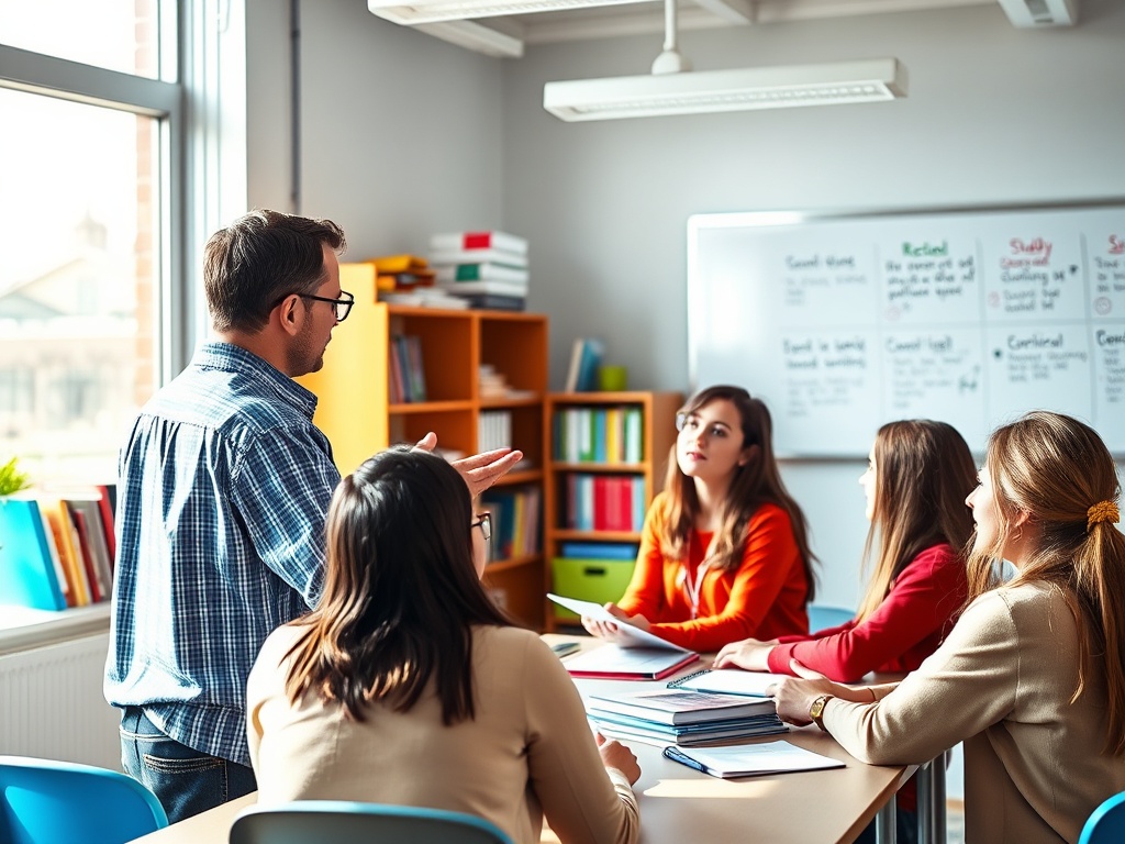 Учитель объясняет материал группе студентов в классе с учебниками и заметками на столе.