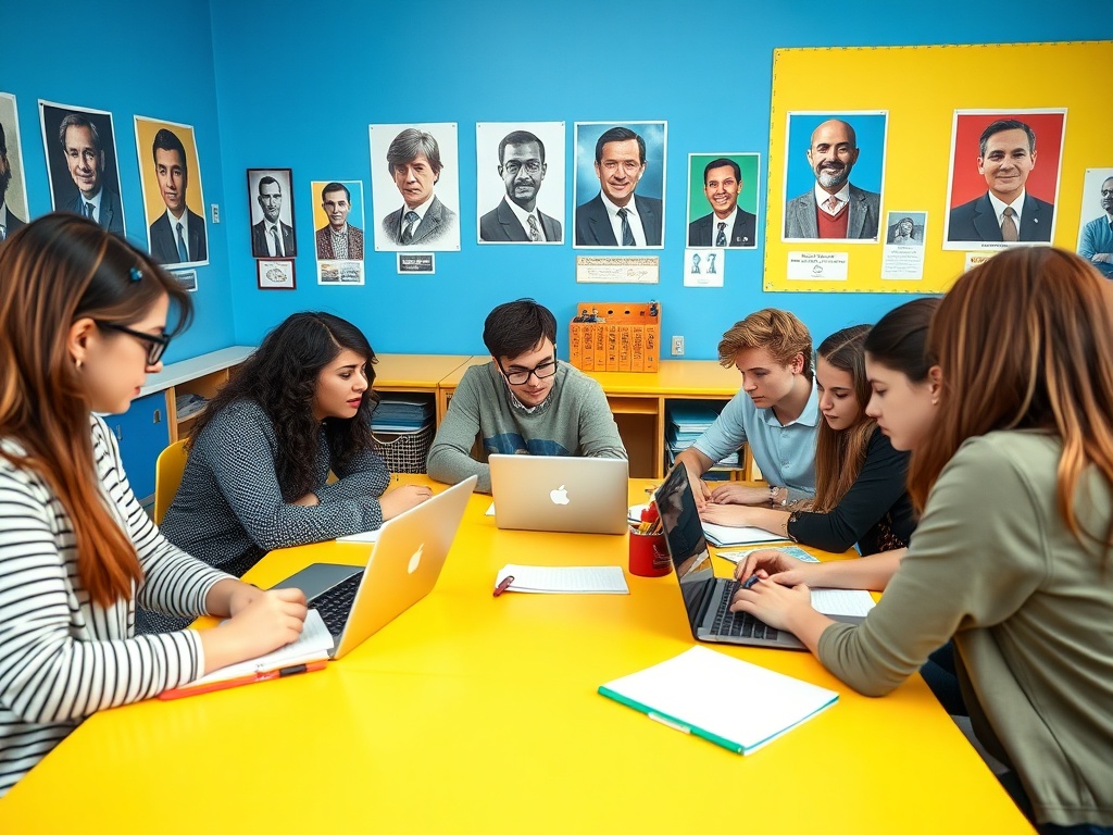 Группа студентов работает за столом в ярком классе с компьютерной техникой и портретами на стенах.