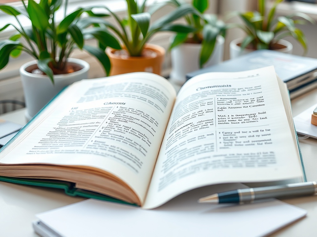 Открытая книга на столе рядом с растениями в горшках и канцелярскими принадлежностями.