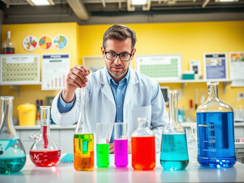 Учёный в лаборатории проводит эксперимент с яркими растворами в колбах и пробирках.