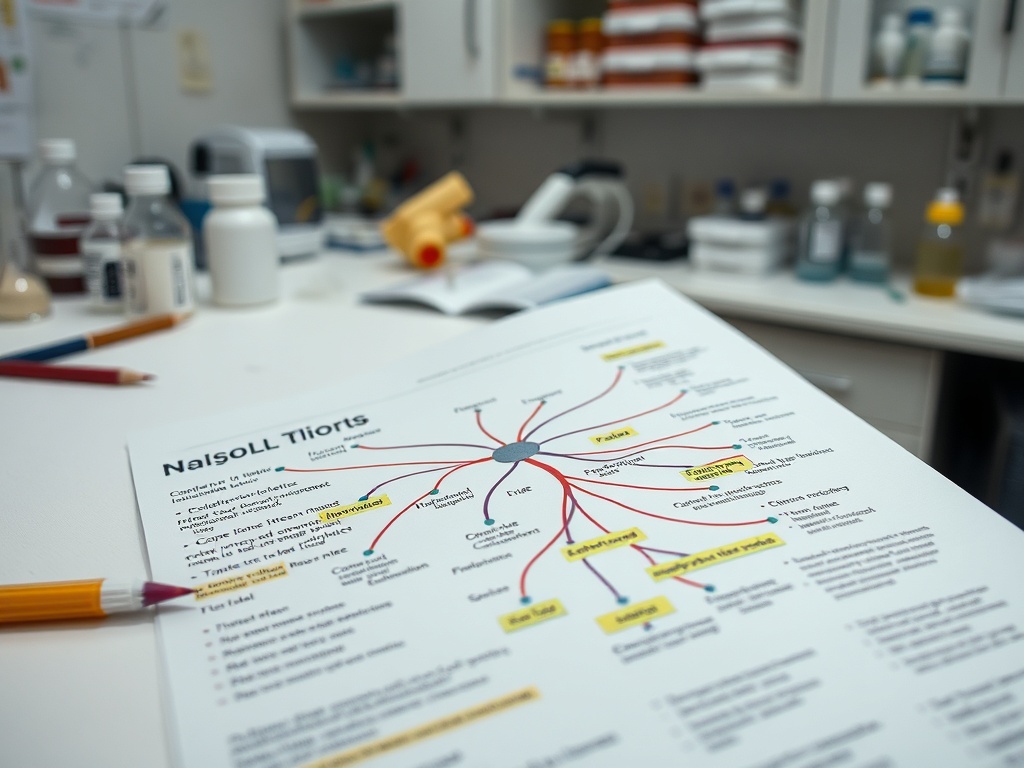 Лабораторный стол с документом о медицинских исследованиях и веществами на фоне.