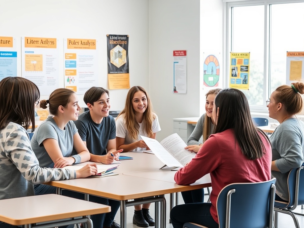 Группа студентов обсуждает проект в классе, сидя за столом и просматривая материалы.