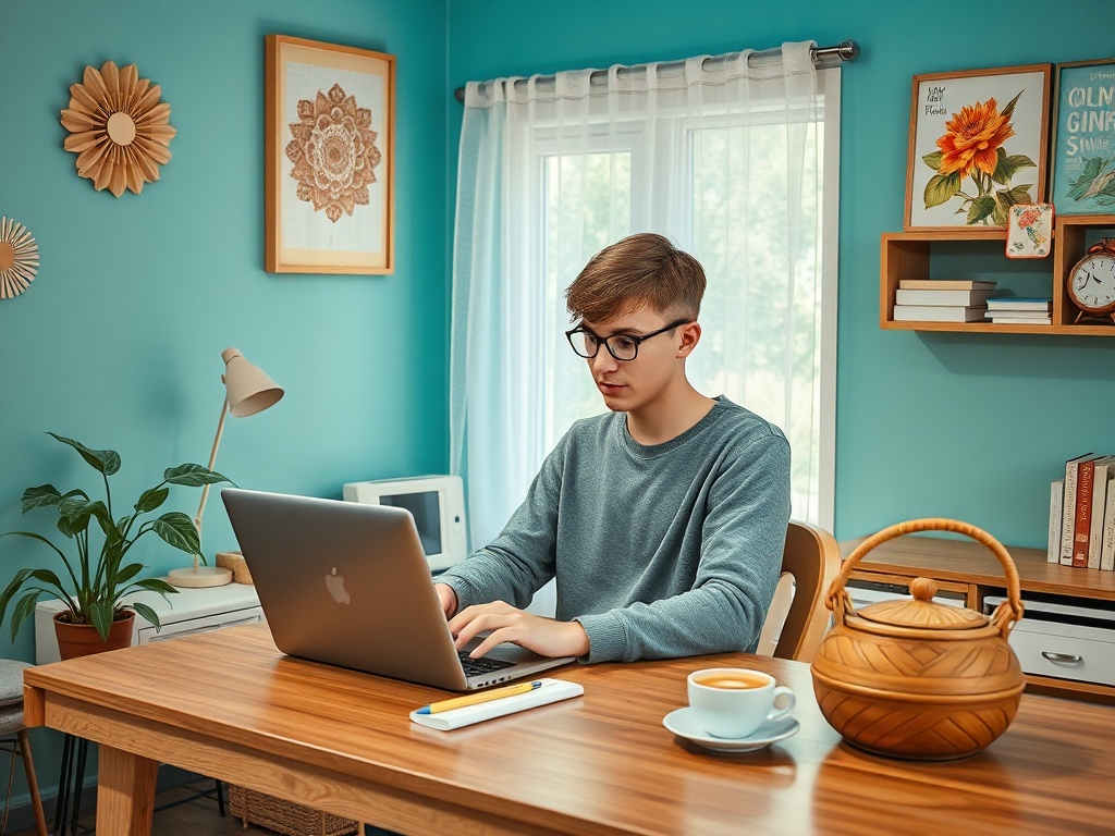 Молодой человек за столом с ноутбуком, пьет кофе в уютной комнате с зелеными стенами.