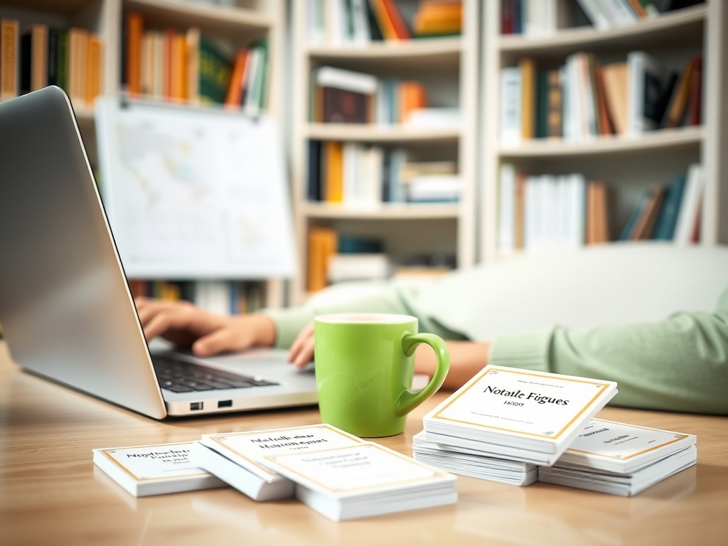 На столе ноутбук, чашка зеленого чая и стопка карточек с заметками на фоне книги и карты.