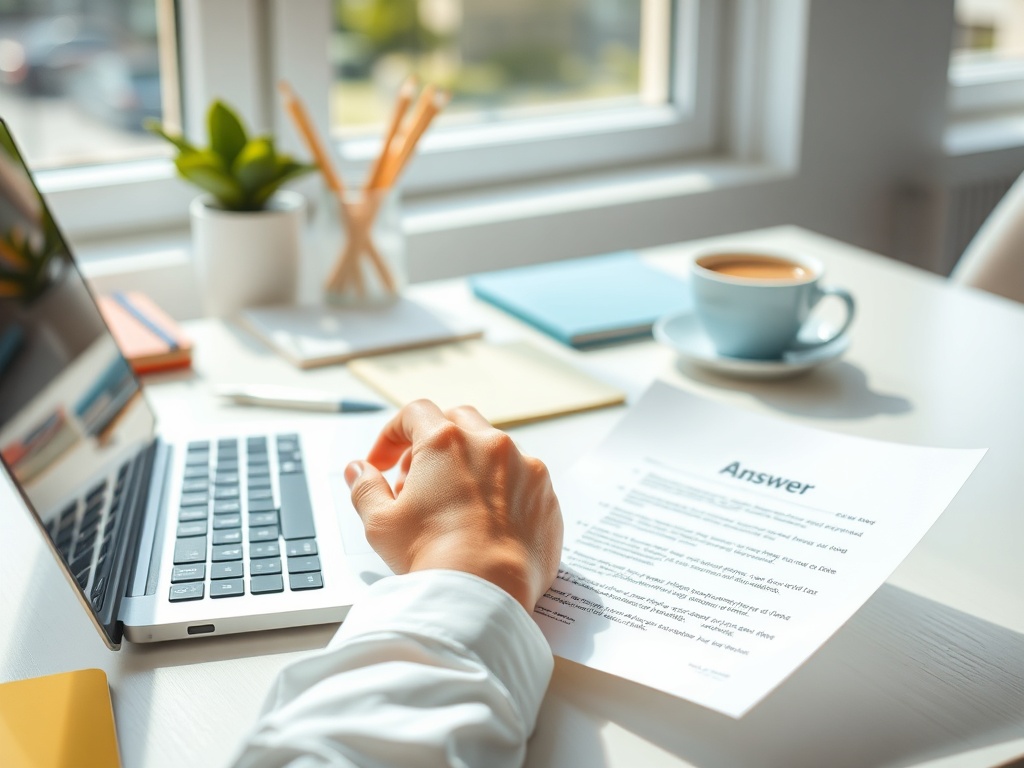 На столе находятся ноутбук, чашка кофе и лист с надписью "Ответ". Светлый офисный интерьер.