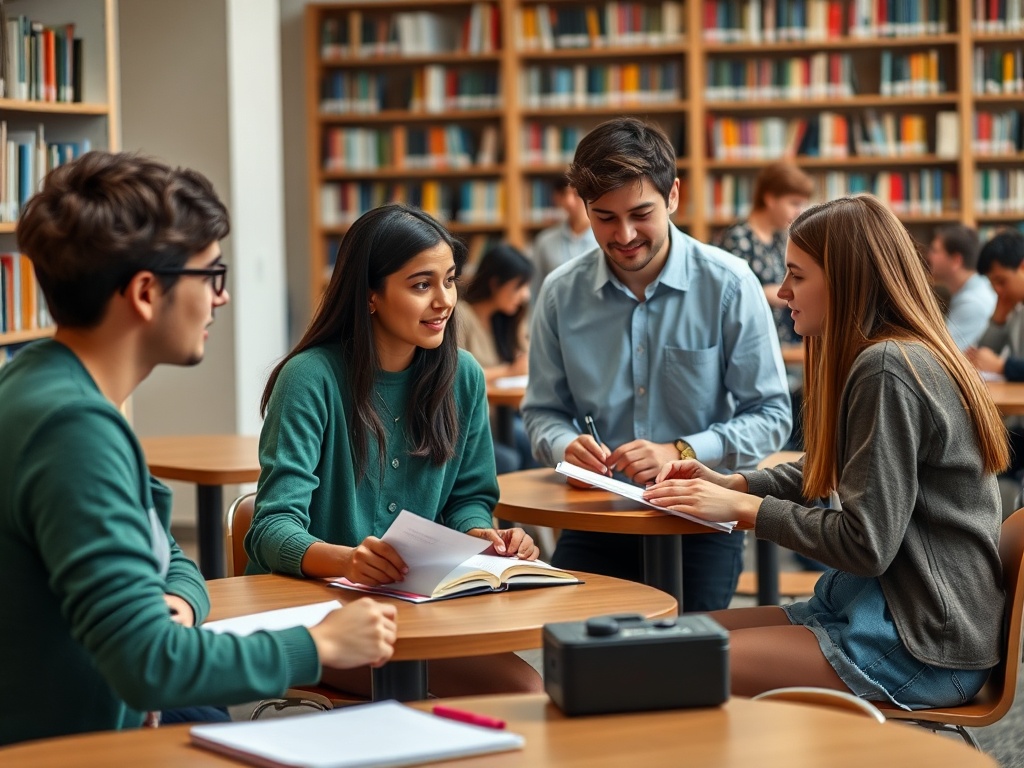 Студенты общаются за столом в библиотеке, обмениваются знаниями и делают заметки.